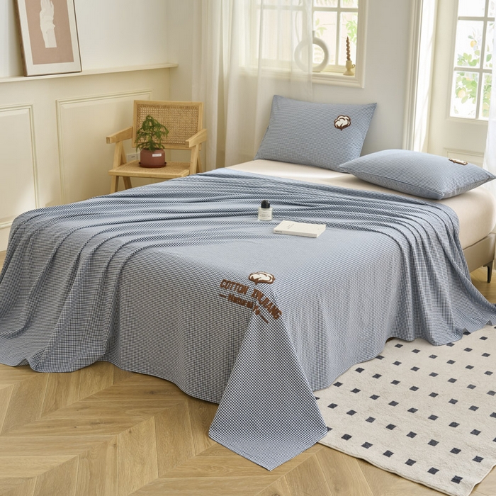 91家纺网 家纺一手货源 找家纺 早晨家纺 2025新款色织纯棉水洗棉毛巾绣床单 星曜床单-深蓝