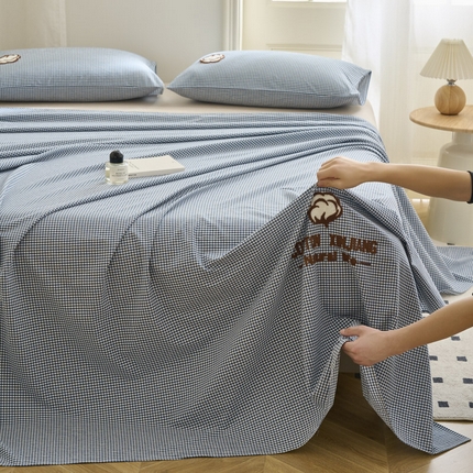 早晨家纺 2025新款色织纯棉水洗棉毛巾绣床单 星曜床单-深蓝