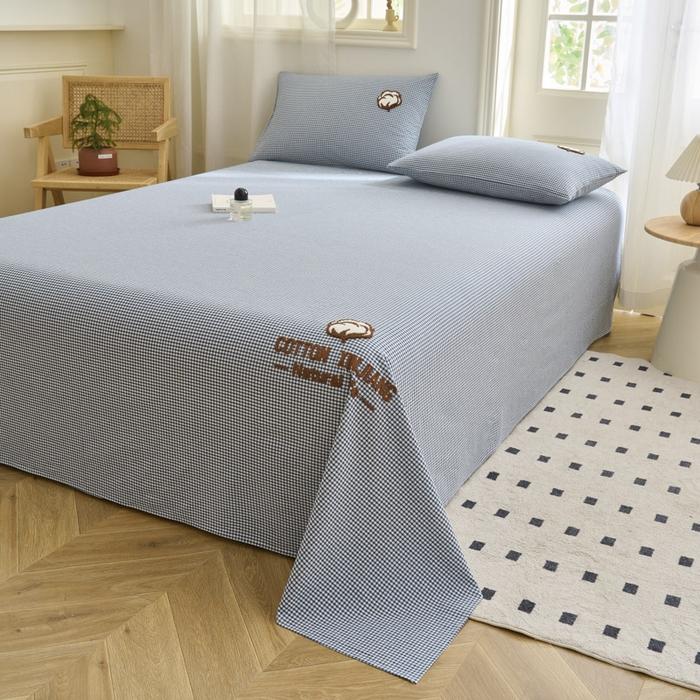 91家纺网 家纺一手货源 找家纺 早晨家纺 2025新款色织纯棉水洗棉毛巾绣床单 星曜床单-深蓝