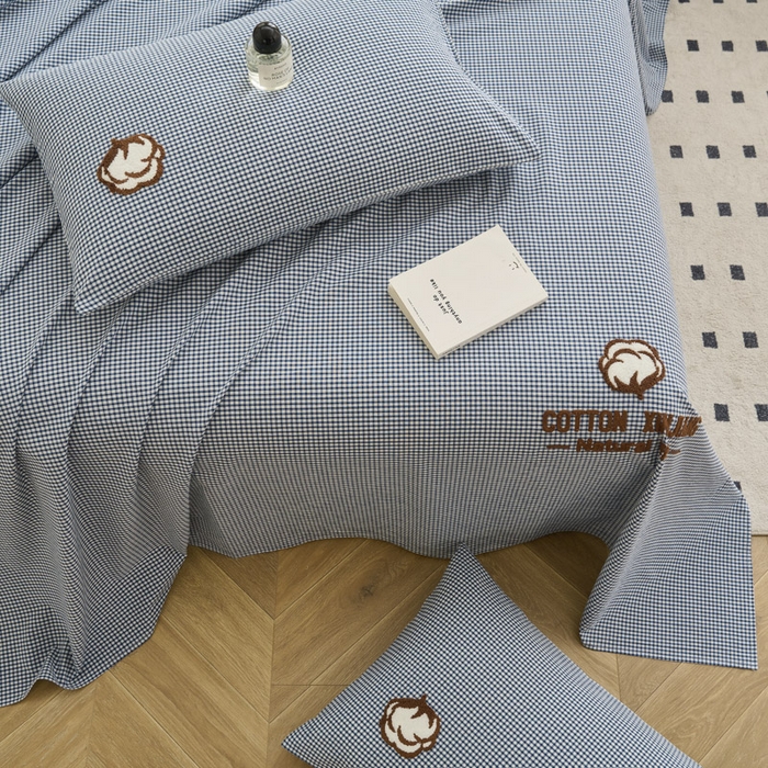 91家纺网 家纺一手货源 找家纺 早晨家纺 2025新款色织纯棉水洗棉毛巾绣床单 星曜床单-深蓝