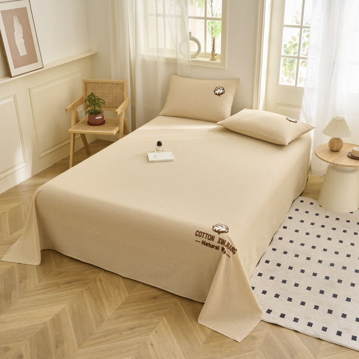 91家纺网 家纺一手货源 找家纺 早晨家纺 2025新款色织纯棉水洗棉毛巾绣床单 流年床单-姜黄