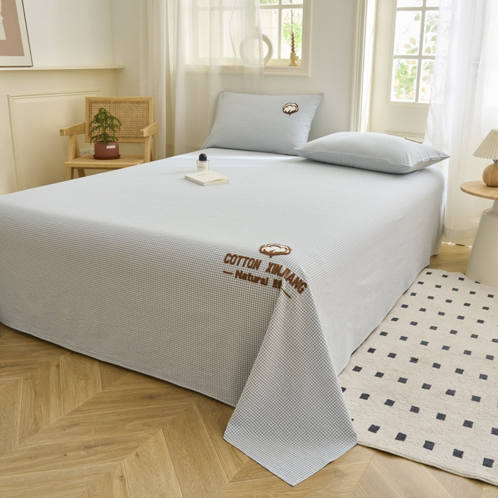 91家纺网 家纺一手货源 找家纺 早晨家纺 2025新款色织纯棉水洗棉毛巾绣床单 星曜床单-浅兰