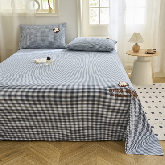 91家纺网 家纺一手货源 找家纺 早晨家纺 2025新款色织纯棉水洗棉毛巾绣床单 星曜床单-深蓝