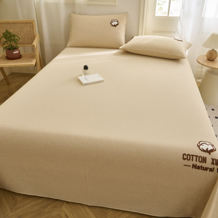 91家纺网 家纺一手货源 找家纺 早晨家纺 2025新款色织纯棉水洗棉毛巾绣床单 流年床单-姜黄