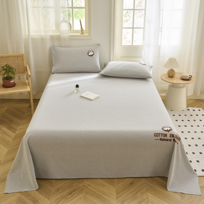 91家纺网 家纺一手货源 找家纺 早晨家纺 2025新款色织纯棉水洗棉毛巾绣床单 流年床单-深灰