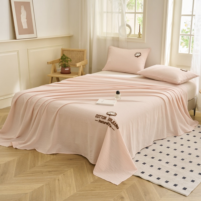 91家纺网 家纺一手货源 找家纺 早晨家纺 2025新款色织纯棉水洗棉毛巾绣床单 流年床单-浅粉