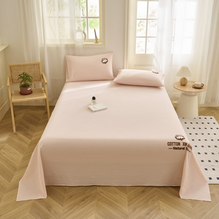 91家纺网 家纺一手货源 找家纺 早晨家纺 2025新款色织纯棉水洗棉毛巾绣床单 流年床单-浅粉