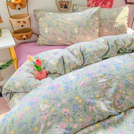 艾特你 2025新款印花水洗棉四件套 花丛间兔