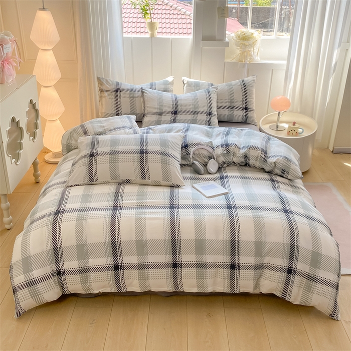 91家纺网 家纺一手货源 找家纺 慕木家纺 2025新品A类条纹简约无印风水洗棉床单款四件套条纹格系列（抽空压缩可跨境提供买家秀） 几何简格+中灰