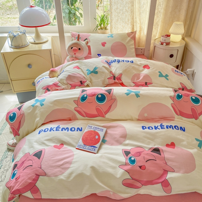 91家纺网 家纺一手货源 找家纺 金爱家 2025新款宝可梦正版授权纯棉卡通皮卡丘学生宿舍三件套四件套系列 棉宝可梦-蝴蝶结胖丁