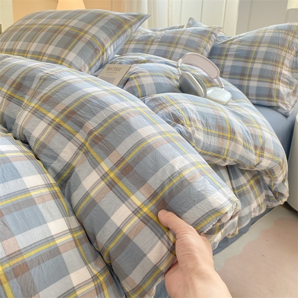 91家纺网 家纺一手货源 找家纺 （总）慕木家纺 2025新品A类条纹简约无印风水洗棉床单款四件套条纹格系列（抽空压缩可跨境提供买家秀）