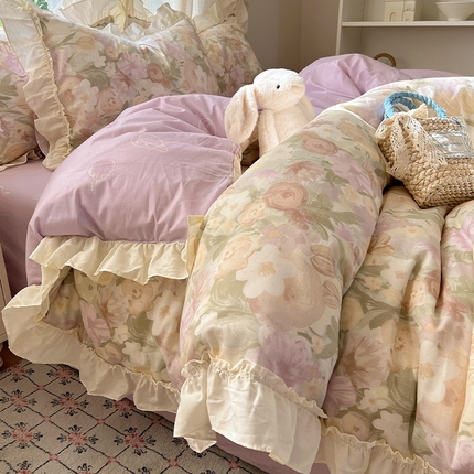 瑞莱 2025新款全棉韩版花边印花四件套 蒂芙娜-咖