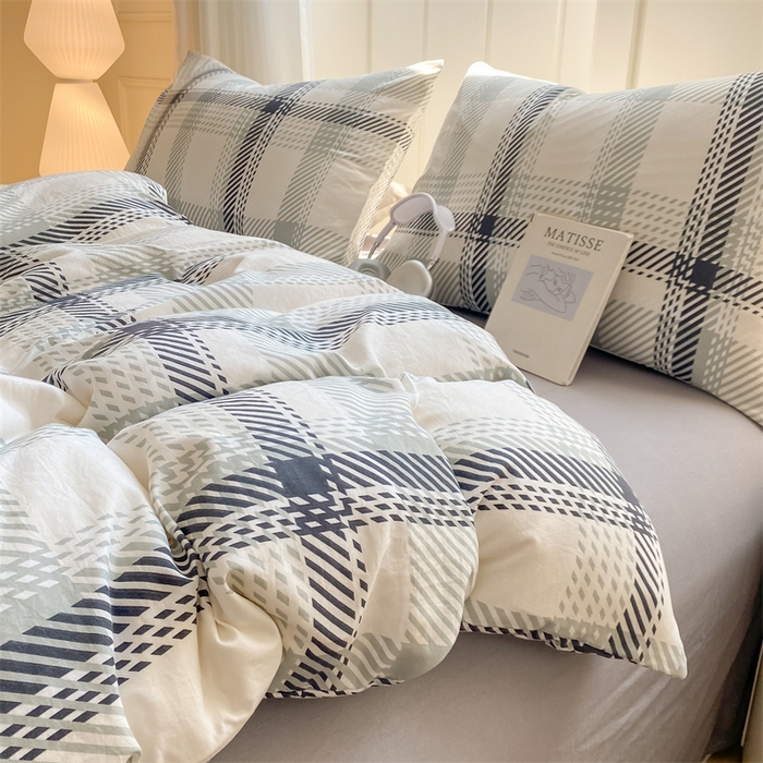 91家纺网 家纺一手货源 找家纺 慕木家纺 2025新品A类条纹简约无印风水洗棉床单款四件套条纹格系列（抽空压缩可跨境提供买家秀） 几何简格+中灰