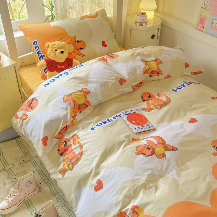 91家纺网 家纺一手货源 找家纺 金爱家 2025新款宝可梦正版授权纯棉卡通皮卡丘学生宿舍三件套四件套系列 棉宝可梦-开心喷火龙