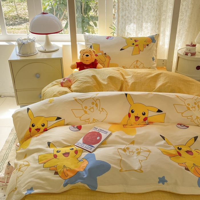 91家纺网 家纺一手货源 找家纺 金爱家 2025新款宝可梦正版授权纯棉卡通皮卡丘学生宿舍三件套四件套系列 棉宝可梦-星星比卡丘