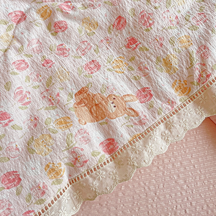 91家纺网 家纺一手货源 找家纺 一比一家纺 2026新款云感皱皱纱全棉花边款夏被四件套【控价109元】郁金香小兔