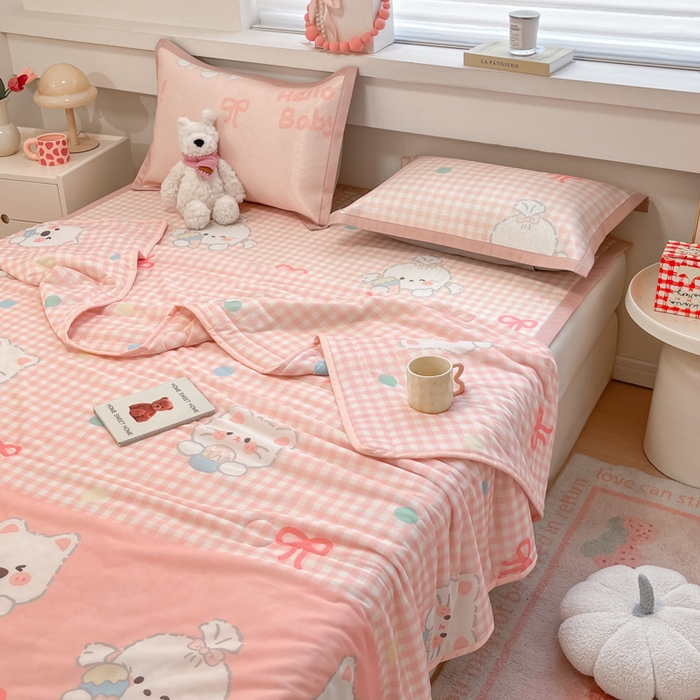 91家纺网 家纺一手货源 找家纺 慕澄家纺 2025新款真冰藤席子凉席夏被夏凉被空调被四件套 格子奶芙芙