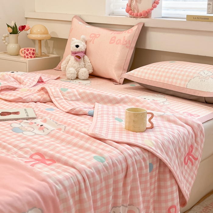 91家纺网 家纺一手货源 找家纺 慕澄家纺 2025新款真冰藤席子凉席夏被夏凉被空调被四件套 格子奶芙芙