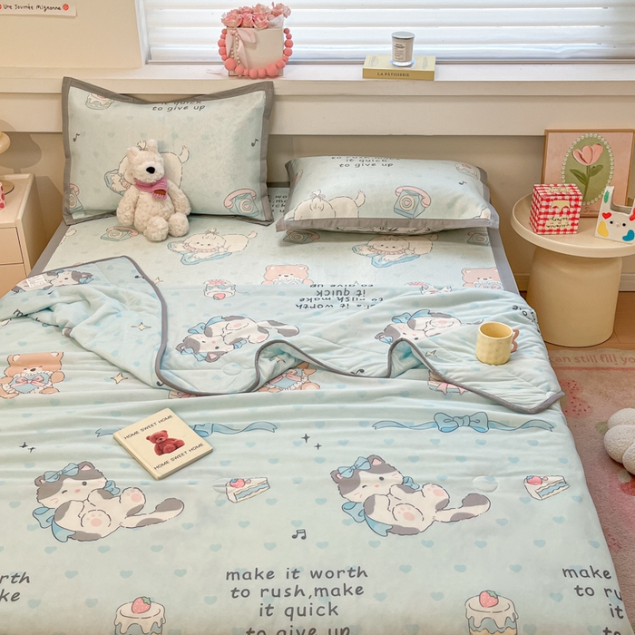 91家纺网 家纺一手货源 找家纺 慕澄家纺 2025新款真冰藤席子凉席夏被夏凉被空调被四件套 害羞喵