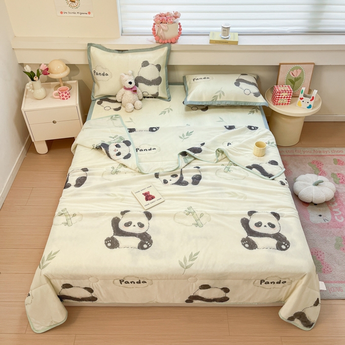 91家纺网 家纺一手货源 找家纺 慕澄家纺 2025新款真冰藤席子凉席夏被夏凉被空调被四件套 熊猫戏竹