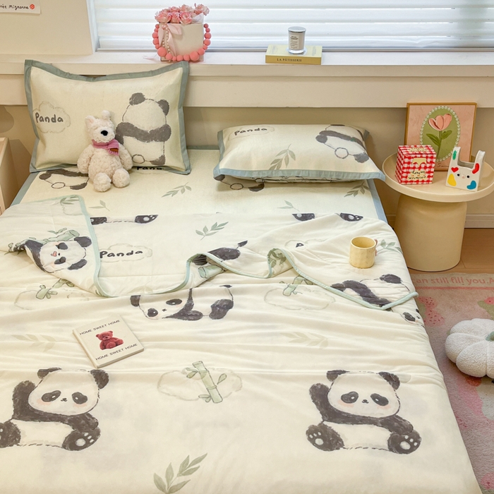 91家纺网 家纺一手货源 找家纺 慕澄家纺 2025新款真冰藤席子凉席夏被夏凉被空调被四件套 熊猫戏竹