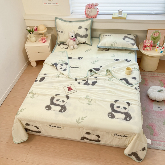 91家纺网 家纺一手货源 找家纺 慕澄家纺 2025新款真冰藤席子凉席夏被夏凉被空调被四件套 熊猫戏竹