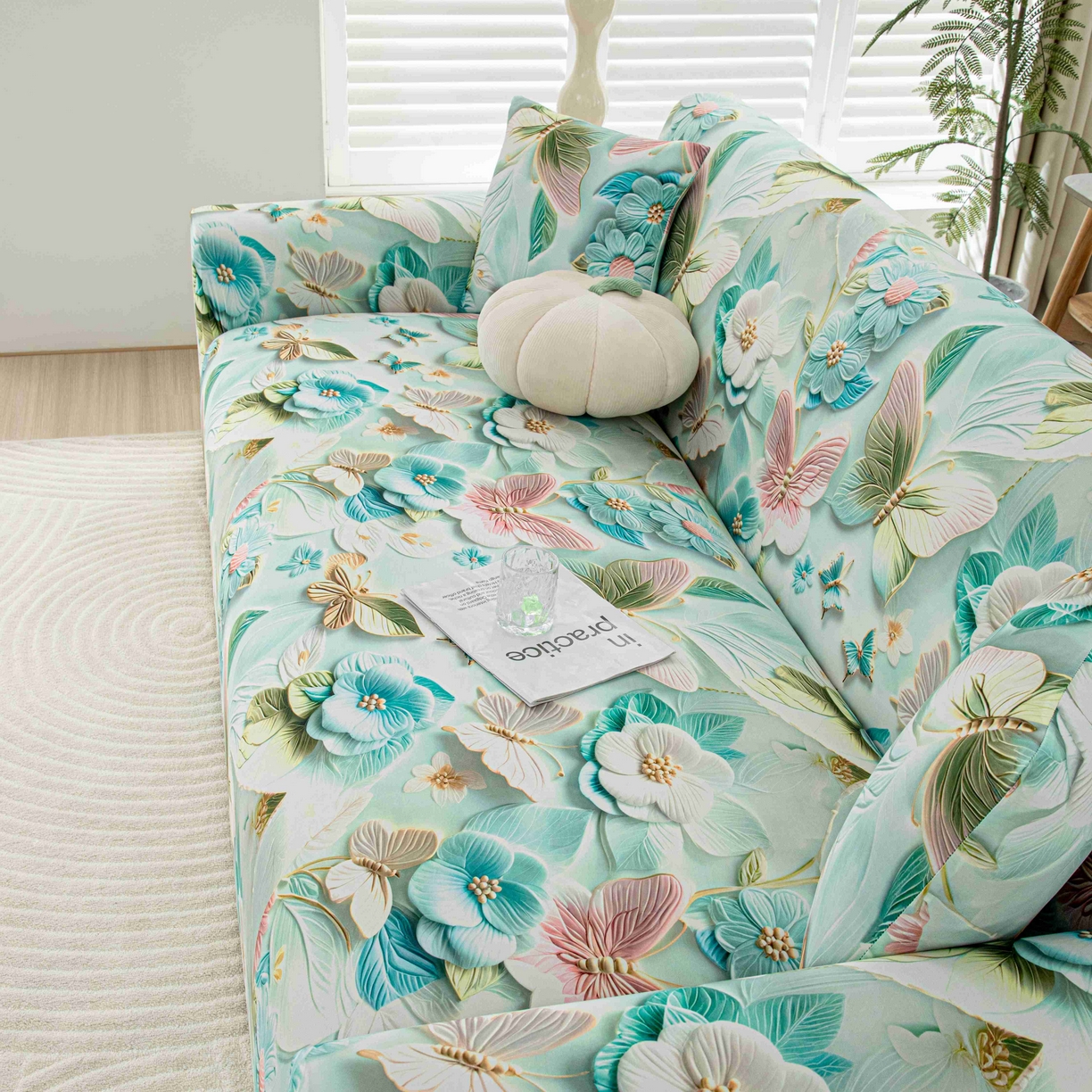 91家纺网 家纺一手货源 找家纺 沐沐家纺 2026春夏新款冰丝印花沙发套 蝶恋花