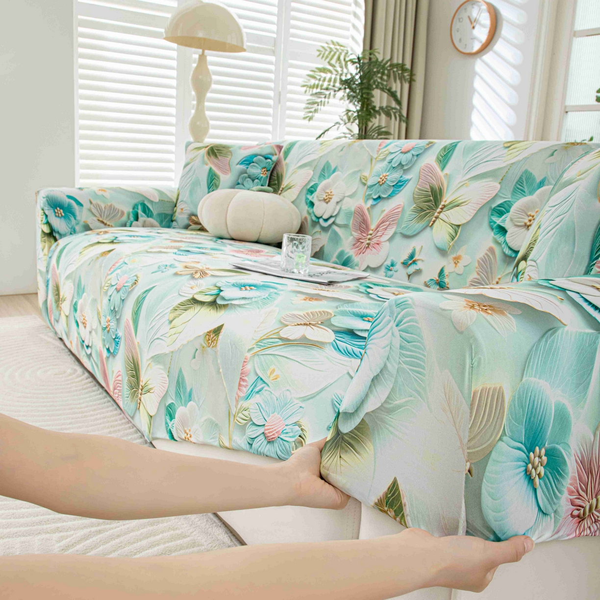 91家纺网 家纺一手货源 找家纺 沐沐家纺 2026春夏新款冰丝印花沙发套 蝶恋花