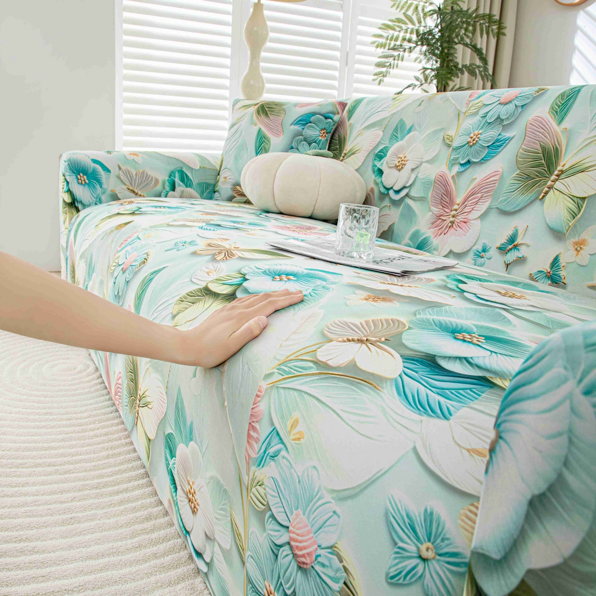 91家纺网 家纺一手货源 找家纺 沐沐家纺 2026春夏新款冰丝印花沙发套 蝶恋花