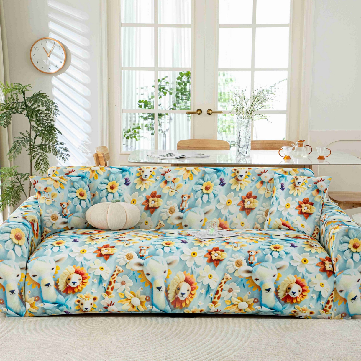 91家纺网 家纺一手货源 找家纺 沐沐家纺 2026春夏新款冰丝印花沙发套 动物乐园