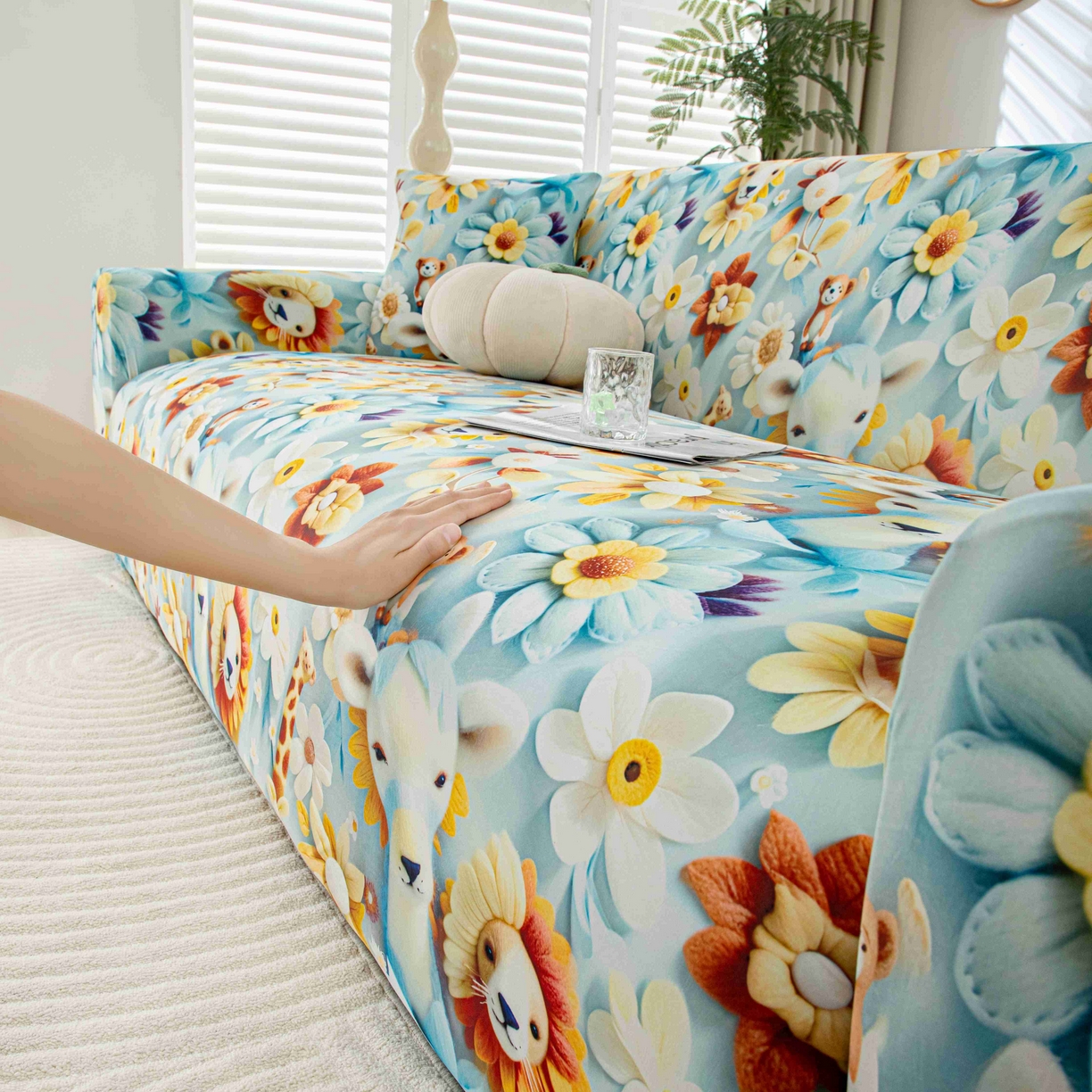 91家纺网 家纺一手货源 找家纺 沐沐家纺 2026春夏新款冰丝印花沙发套 动物乐园