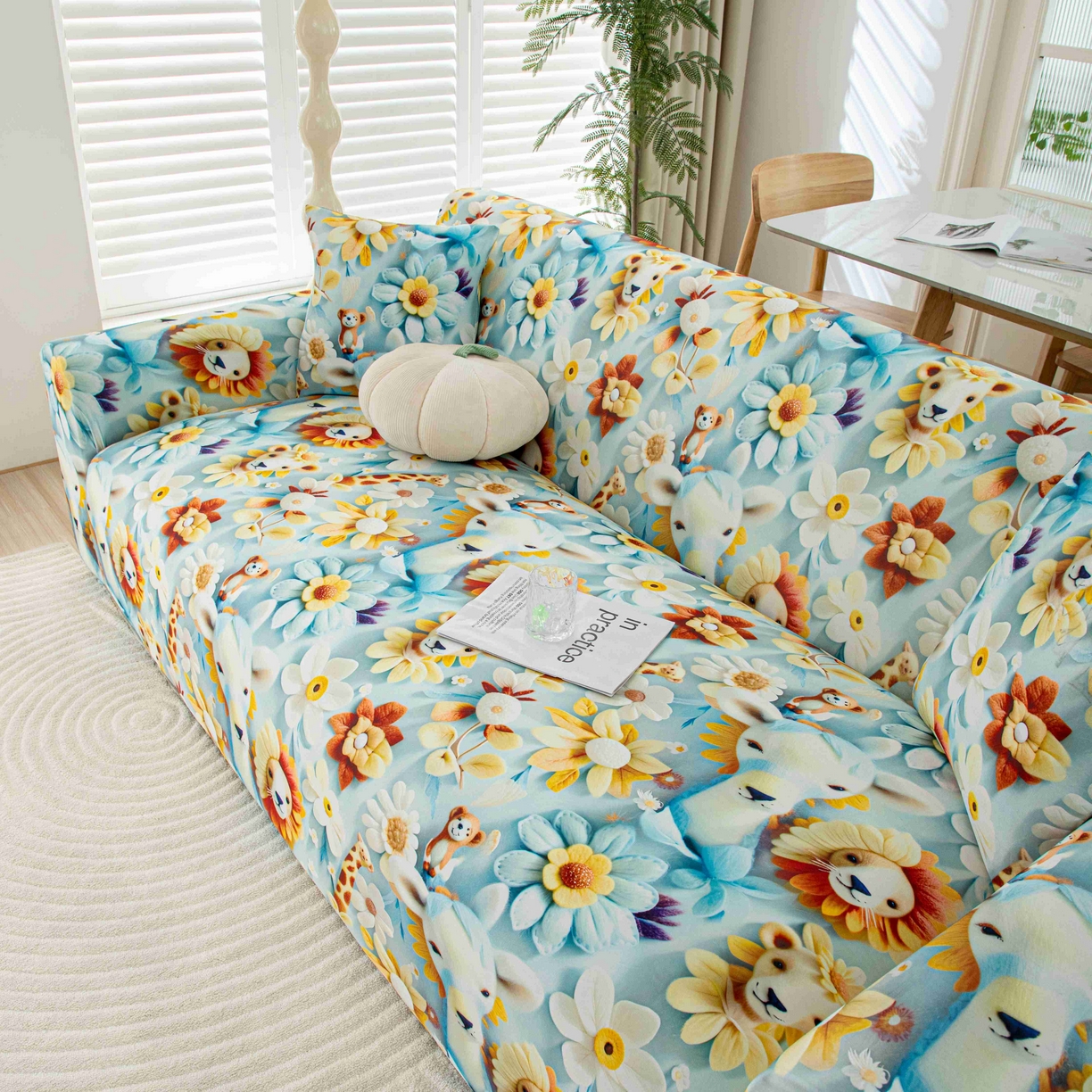 91家纺网 家纺一手货源 找家纺 沐沐家纺 2026春夏新款冰丝印花沙发套 动物乐园