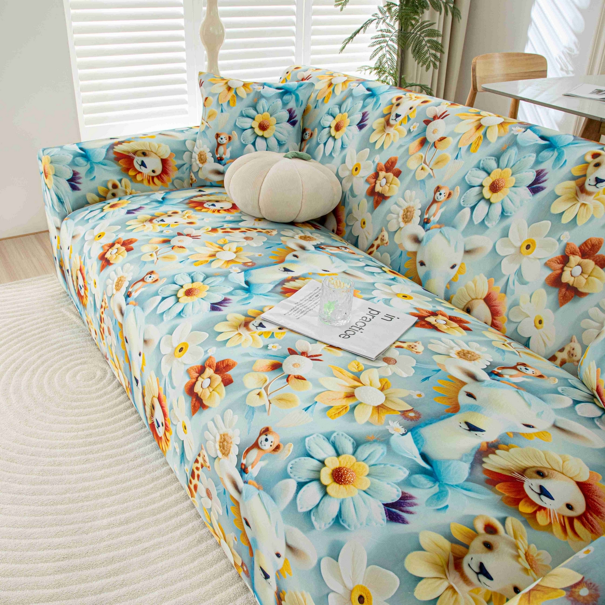 沐沐家纺 2026春夏新款冰丝印花沙发套 动物乐园