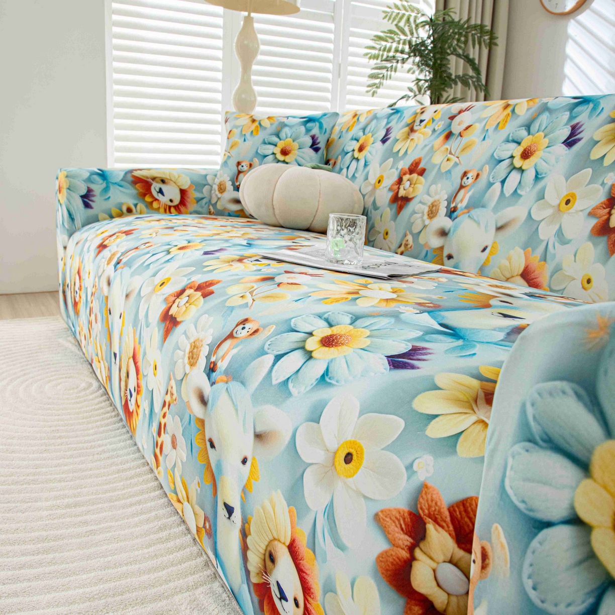 91家纺网 家纺一手货源 找家纺 沐沐家纺 2026春夏新款冰丝印花沙发套 动物乐园