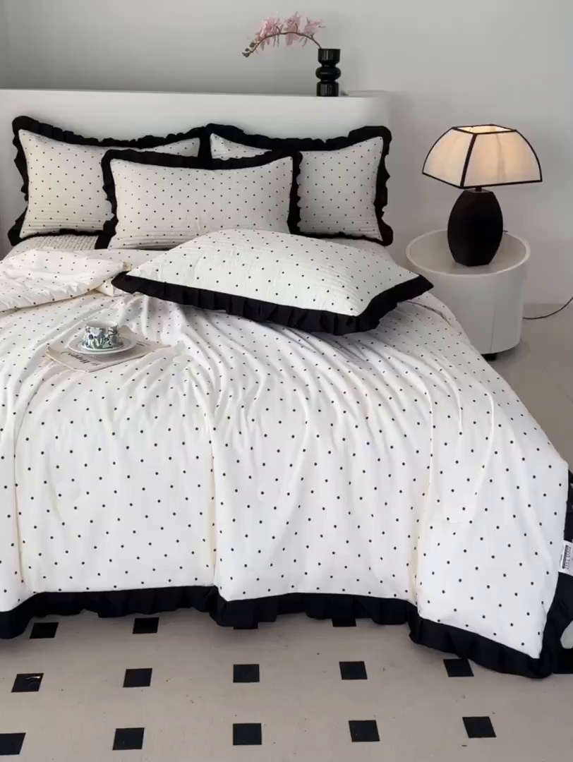 91家纺网 家纺一手货源 找家纺 同田家纺 2025新款A类水洗棉床盖夏被四件套 波点