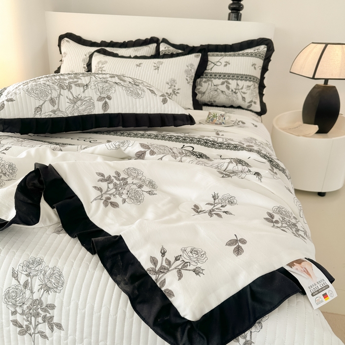 91家纺网 家纺一手货源 找家纺 同田家纺 2025新款A类水洗棉床盖夏被四件套 玫瑰花茶