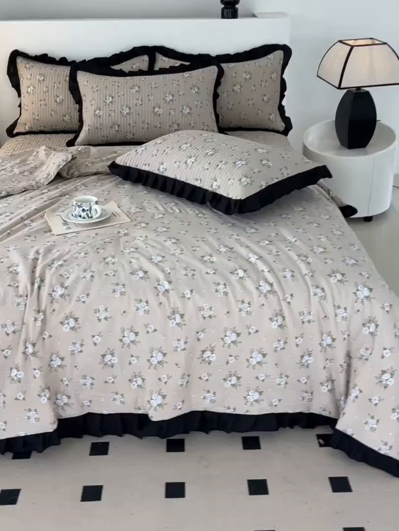 91家纺网 家纺一手货源 找家纺 同田家纺 2025新款A类水洗棉床盖夏被四件套 茉莉奶白