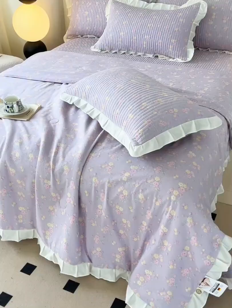 91家纺网 家纺一手货源 找家纺 同田家纺 2025新款A类水洗棉床盖夏被四件套 丁香紫