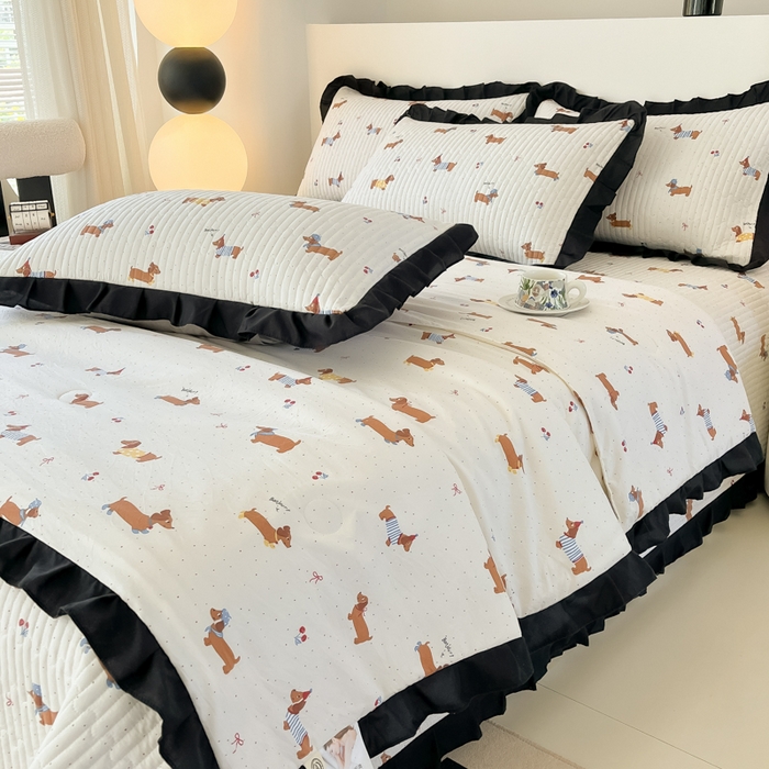 91家纺网 家纺一手货源 找家纺 同田家纺 2025新款A类水洗棉床盖夏被四件套 腊肠小狗