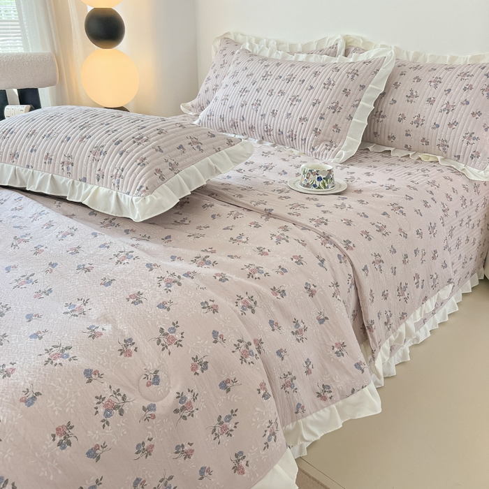 91家纺网 家纺一手货源 找家纺 同田家纺 2025新款A类水洗棉床盖夏被四件套 梦幻粉