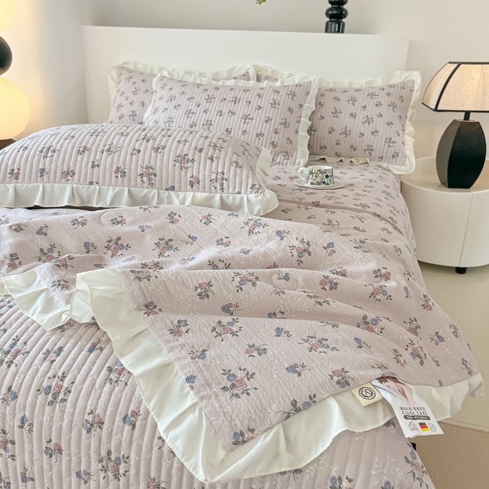 91家纺网 家纺一手货源 找家纺 同田家纺 2025新款A类水洗棉床盖夏被四件套 梦幻粉