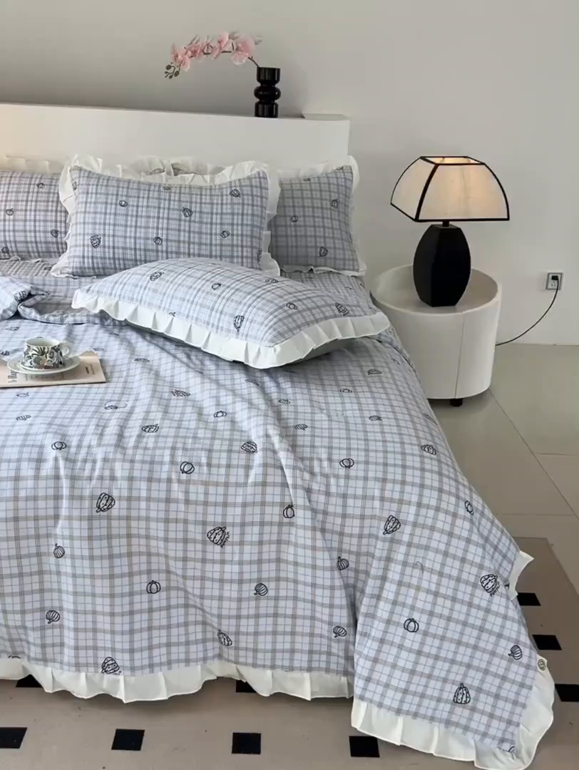 91家纺网 家纺一手货源 找家纺 同田家纺 2025新款A类水洗棉床盖夏被四件套 天空蓝