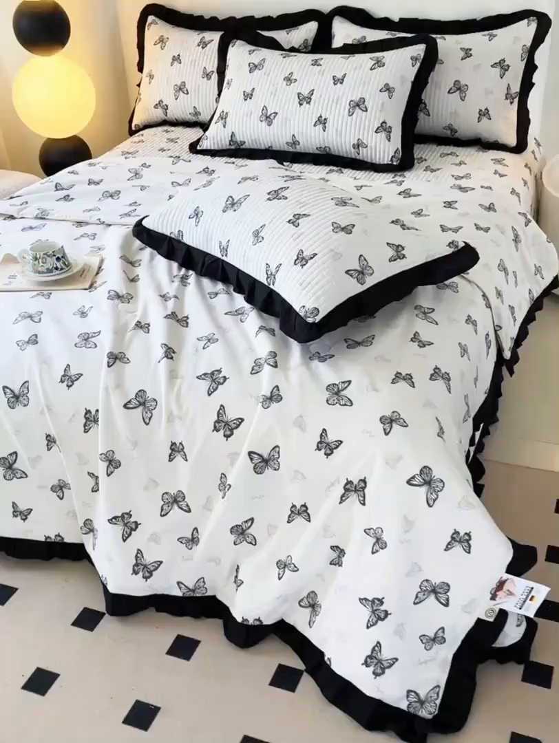 91家纺网 家纺一手货源 找家纺 同田家纺 2025新款A类水洗棉床盖夏被四件套 黑蝴蝶
