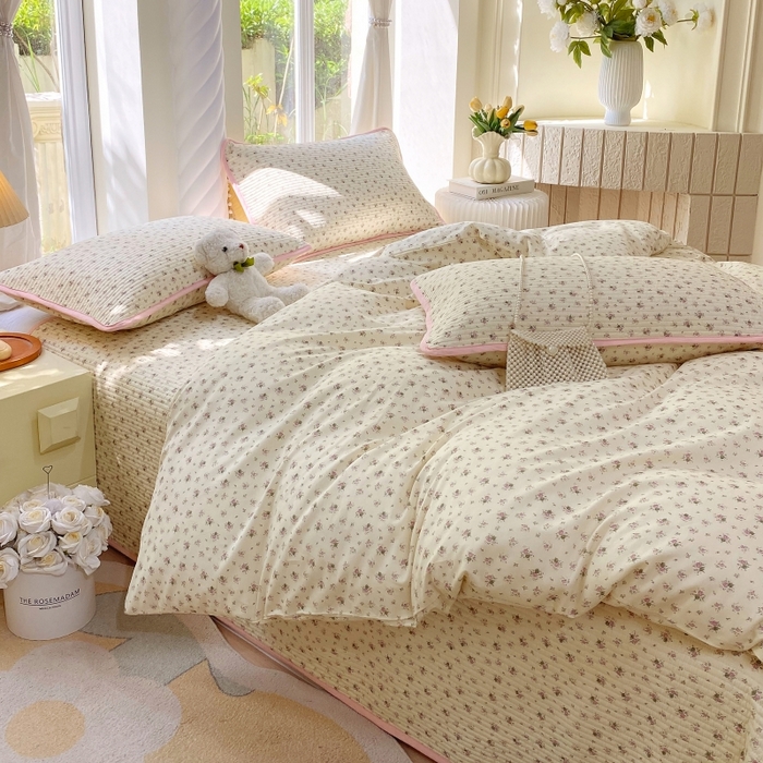 91家纺网 家纺一手货源 找家纺 （总）金丝兔 2025新款ins小清新亲肤斜纹纯棉四件套 印花全棉夹棉床盖四件套