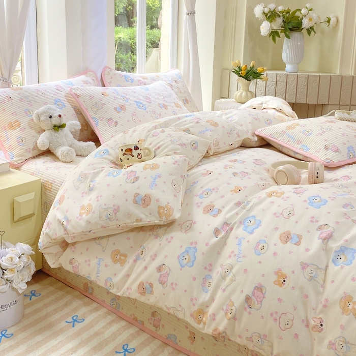 91家纺网 家纺一手货源 找家纺 （总）金丝兔 2025新款ins小清新亲肤斜纹纯棉四件套 印花全棉夹棉床盖四件套