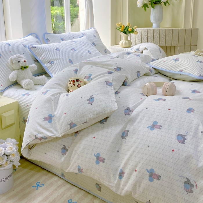 91家纺网 家纺一手货源 找家纺 金丝兔 2025新款ins小清新亲肤斜纹纯棉四件套 印花全棉夹棉床盖四件套 波点大象