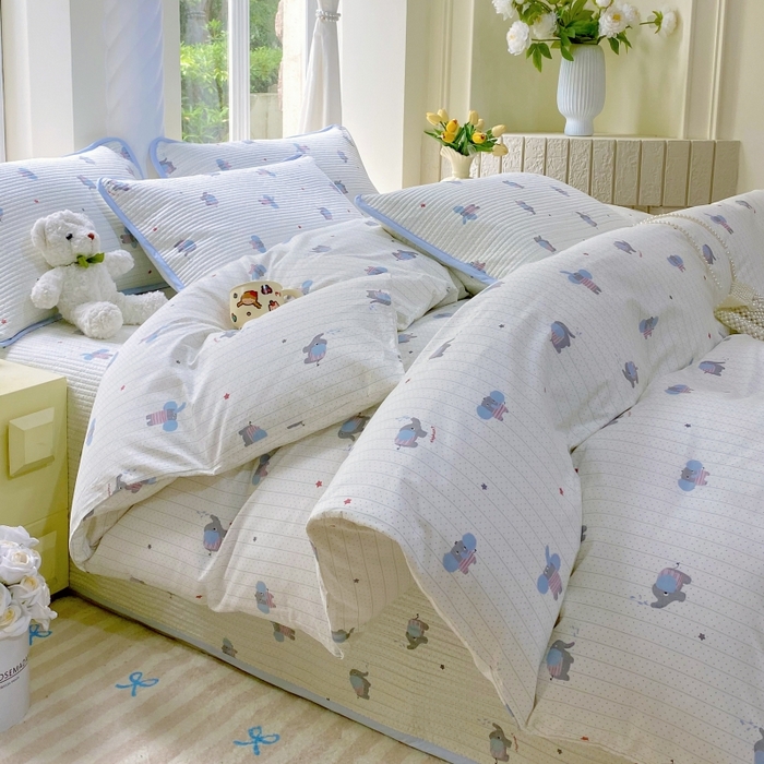 91家纺网 家纺一手货源 找家纺 金丝兔 2025新款ins小清新亲肤斜纹纯棉四件套 印花全棉夹棉床盖四件套 波点大象