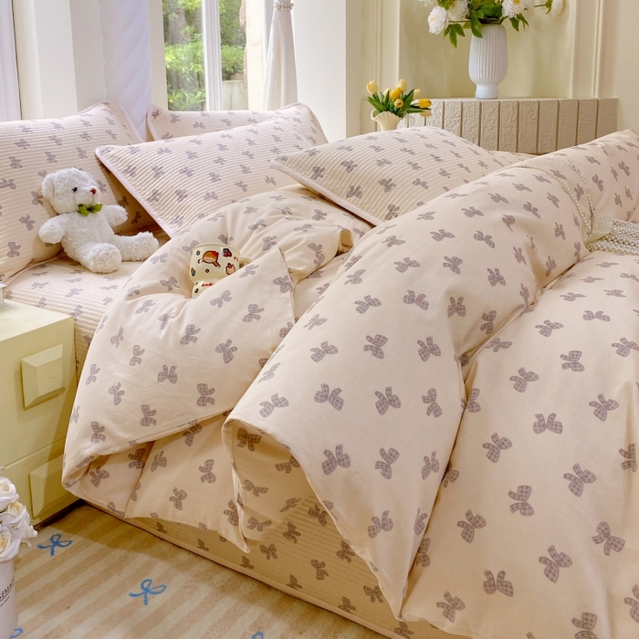 91家纺网 家纺一手货源 找家纺 金丝兔 2025新款ins小清新亲肤斜纹纯棉四件套 印花全棉夹棉床盖四件套 慕斯