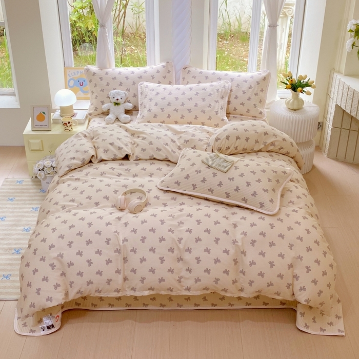 91家纺网 家纺一手货源 找家纺 金丝兔 2025新款ins小清新亲肤斜纹纯棉四件套 印花全棉夹棉床盖四件套 慕斯