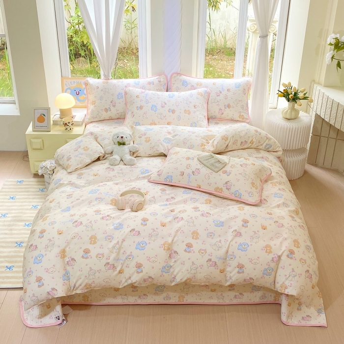 91家纺网 家纺一手货源 找家纺 （总）金丝兔 2025新款ins小清新亲肤斜纹纯棉四件套 印花全棉夹棉床盖四件套